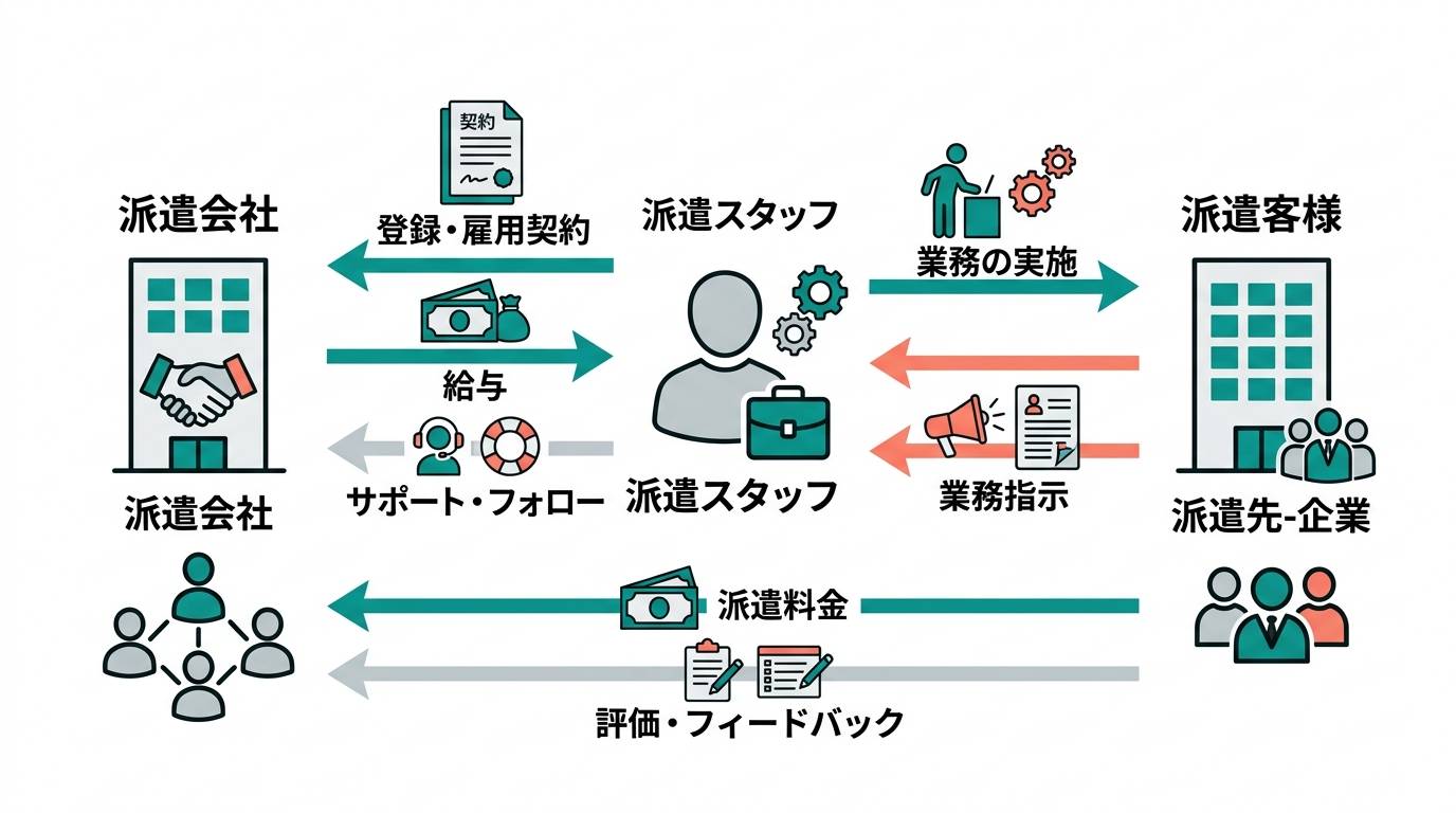 派遣会社、派遣スタッフ、派遣先企業の関係を示すビジネスイラスト